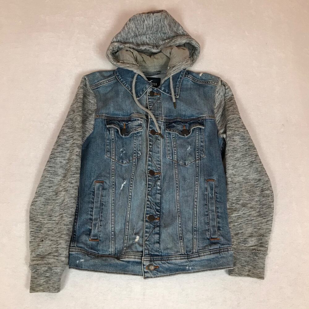 Hollister Epic Flex Denim Distressed Ripped Fleece Grey Layered Hooded Jacket XS